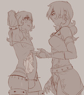drawing nipples giantess nude pussy vore monochrome long_hair giant clothed smiling bulge inside_stomach jewelry crossdressing internal_view skimpy_clothing femboy ryo_macro
