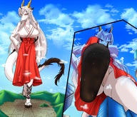 drawing giantess white_hair panties furry dragoness giga horns anthro city upskirt color butt destruction clothed toes barefoot cleavage buildings huge_breasts low_angle sandals looming walking looking_down thighs orange_eyes raised_foot imminent_crush pale_skin bare_legs cutaway looking_at_tinies son2j lana_(son2j)