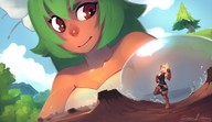 drawing micro color long_hair green_hair shrunken_woman dark_skin looking_back running_away evangelyne wakfu amalia on_arm kerneldecoy arm_hair arm_landscape