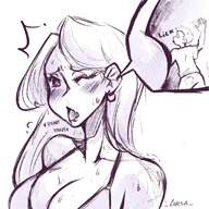 bikini drawing blushing monochrome large_breasts long_hair licking cleavage sweat earrings no_background ceres_us