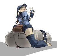 breasts drawing giantess color long_hair butt brunette smiling gloves ponytail sitting looking_down jill_valentine pinned resident_evil looking_back no_background nemesis bubimun police_officer