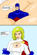 drawing blonde cleavage gloves short_hair shrunken_man cape dc_comics between_breasts powergirl atom_steel chiboy622