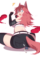 drawing pokemon blushing tail long_hair butt_crush cat_ears red_hair sitting surprised looking_back no_background sweat_drop bare_midriff dynamax firo reverse_frog