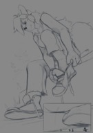 drawing furry wolf anthro monochrome clothed low_angle insole in_shoe socks shrunken_men sitting running_away shoe_insertion kerneldecoy nekkidzilla