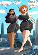 breasts drawing giantess city mega black_hair color long_hair barefoot cleavage huge_breasts train smiling red_hair kim_possible shorts walking giantesses dark_skin outdoors costume disney dialogue thick_thighs monique caiman2