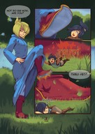 drawing blonde comic black_hair color armor clothed anime knight foot_crush shrunken_woman grass magic robe raised_foot dialogue wizard running_away femboy kononiko shortest_knight_of_the_year