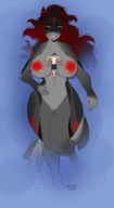 drawing giantess nude macro horns color long_hair water wet red_hair lying_down dark tattoo skin shark_girl between_breasts driiadi steph