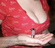 collage large_breasts handheld cleavage kneeling shrunken_man in_hand