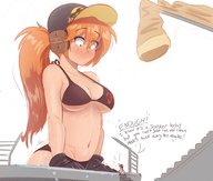 bikini breasts drawing giantess blushing color large_breasts long_hair clothed cleavage water red_hair pool looking_down outdoors megaphone dialogue cap headset no_background jurassic_park bare_midriff ncmares yohomeboync yohomeboyraps park_ranger jenn_(ncmares)
