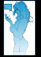 drawing monochrome large_breasts long_hair clothed handheld angry shrunken_woman long_nails dialogue no_background on_hand
