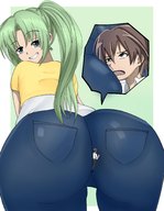 drawing smiling green_hair ponytail looking_back big_butt no_background between_buttcheeks cutaway