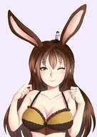 drawing long_hair bunny_ears cleavage brunette underwear smiling shrunken_man rubbing no_background one_eye_closed on_head lavellearts