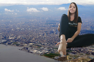 giantess collage giga long_hair destruction toes barefoot brunette smiling sitting debris