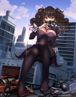 drawing feet city color destruction clothed toes buildings anime brunette stockings foot_crush pigtails vehicles vehicle_crush sitting_on_building debris gas_mask between_breasts girls_frontline blackheartxiii scarecrow_(girls_frontline)