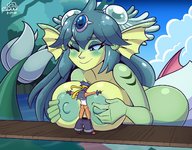 drawing nipples giantess blushing long_hair butt cum blue_eyes sex blue_hair huge_breasts mermaid smiling looking_down outdoors source_needed squeezing winking green_skin giga_mermaid between_breasts shantae_(series) cobatsart bolo