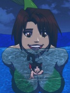 drawing giantess color large_breasts cleavage ocean brunette mermaid unaware open_mouth swimming escape imminent_vore