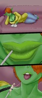 drawing vore cleavage wet huge_breasts brunette lying_down short_hair bondage shrunken_woman indoors sofa reading green_skin pointed_ears kerbgonherb dick_thighs