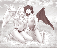 bikini drawing giantess micro giga horns wings city monochrome swimsuit destruction clothed smiling kneeling giantesses outdoors halo ourhandsh