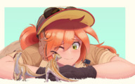 breasts drawing gentle giantess blushing color clothed yellow_eyes smiling red_hair ponytail lying_down outdoors cap headset looking_at_tiny dinosaurs jurassic_park ncmares yohomeboync yohomeboyraps park_ranger jenn_(ncmares) nuzzle