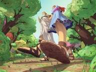 drawing crush blonde color large_breasts long_hair blue_eyes clothed toes blood low_angle brown_eyes red_hair dress gore unknown_artist walking unaware shrunken_people forest thighs shoe_crush outdoors running_away source_needed buggysplat bare_legs flower_in_hair link_(the_legend_of_zelda) princess_zelda_(the_legend_of_zelda) marin_(the_legend_of_zelda) tingle