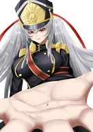 drawing white_hair micro color long_hair clothed handheld shrunken_man looking_down military_uniform no_background on_palm