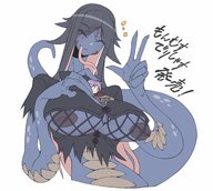drawing nipples giantess black_hair color large_breasts anime blue_skin long_tongue snake_girl monster_girl ripped_clothing semi_nude monster_girl_quest long_neck peace_sign between_breasts __zaw__ queen_lamia long_arms zaw