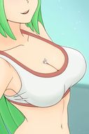 drawing gentle color large_breasts long_hair cleavage smiling green_hair shrunken_man open_mouth no_background anon palutena kid_icarus bare_midriff between_breasts khalcifieron