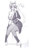 drawing tail monochrome clothed barefoot cleavage huge_breasts cat_ears smiling short_hair sitting shrunken_man looking_down sheela no_background