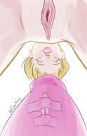 drawing giantess blonde implied_insertion short_hair shrunken_man looking_down taped_down perspective sex_toy tied_to_sex_toy noelesor esornoel