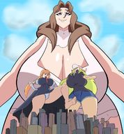 drawing giantess panties city upskirt color cleavage buildings huge_breasts multiple_sizes smiling looking_down giantesses outdoors groping idooodlestuff
