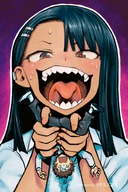drawing vore blushing black_hair color clothed handheld anime sweat scared shrunken_man open_mouth dark_skin imminent_vore sharp_teeth looking_at_tiny nagatoro tsunamino_yuu hachiouji
