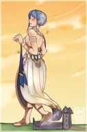 drawing giantess blushing dragon color destruction blue_hair castle short_hair sandals surprised walking looking_back sideboob fire_emblem velvet-lily marianne_(fire_emblem)