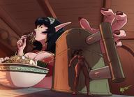 drawing nude black_hair color large_breasts long_hair cleavage elf shrunken_woman eating food hiding dark_skin world_of_warcraft cup blood_elf sharp_nails pointed_ears zerohour99