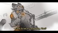 drawing nipples gentle giantess furry anthro tiger monochrome text military shower sketch undressing dialogue semi_nude cyborg looking_at_tiny thesociallyawkwardpinguin utoverse splash_of_color