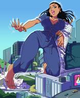 drawing giantess city black_hair large_breasts long_hair destruction barefoot cleavage smiling looking_down vehicles dark_skin outdoors angelgts
