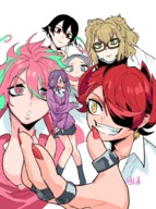 drawing giantess white_hair black_hair handheld cleavage glasses purple_hair brunette pink_hair red_hair short_hair shrunken_woman giantesses long_nails rings no_background sharp_nails