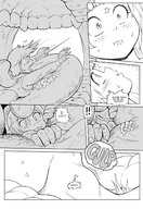 drawing giantess karbo vore tail comic monochrome large_breasts in_stomach cleavage cat_ears open_mouth freckles dialogue panels between_breasts