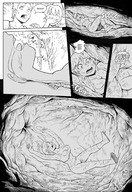 drawing giantess karbo vore tail comic monochrome large_breasts in_stomach cleavage cat_ears open_mouth freckles dialogue panels between_breasts