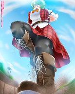 drawing blushing color large_breasts destruction clothed buildings anime touhou low_angle smiling green_hair boots looking_down dust kazami_yuuka debris toro_saamonn