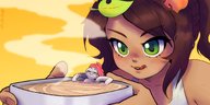 drawing vore color anime green_eyes brunette food dark_skin bowl monster_girl licking_lips imminent_vore implied_vore looking_at_tiny squirrel_girl tanuki on_kinky pocket_latte moriko