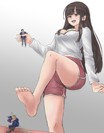 drawing blushing large_breasts long_hair clothed handheld toes barefoot cleavage soles brunette smiling shorts looking_down raised_foot running_away