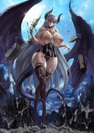 drawing giantess white_hair horns tail wings city color long_hair futanari cum destruction buildings wet huge_breasts bulge outdoors huge_penis listiscarlet