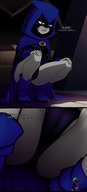 drawing color large_breasts butt clothed low_angle camel_toe raven teen_titans boots squatting beast_boy shrunken_man open_mouth thighs indoors cape belt leotard dialogue hood looking_at_tiny dc_comics bare_legs grey_skin ravenravenraven
