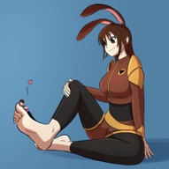 drawing long_hair bunny_ears bunny toes barefoot soles brunette smiling foot_worship sitting kissing heart shrunken_man looking_down no_background rwby