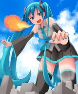 drawing giantess hatsune_miku city color long_hair blue_eyes skirt buildings blue_hair low_angle vocaloid unknown_artist twintails fire bending_over looking_down clouds outdoors sky nail_polish source_needed breathing_fire