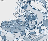 drawing vore furry anthro monochrome tongue clothed cleavage saliva collar open_mouth food multiple_victims neopuc imminent_vore sharp_teeth teaselbone on_food fossa covered_eyes mass_vore elyssia