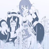 breasts drawing giantess horns city mega monochrome black_hair large_breasts long_hair clothed multiple_sizes gloves giantesses mask thighs costume goggles herretik tsuyu_asui my_hero_academia skintight_clothing mt._lady ochako_uraraka
