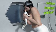 space black_hair long_hair huge_breasts topless kissing shrunken_man hugging indoors digital_render