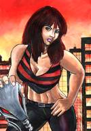 breasts drawing giantess city mega color large_breasts long_hair robot destruction handheld cleavage buildings green_eyes angry red_hair muscles clone costume top belt hands_on_hips leaning_forward spider-man marvel_comics the_wasp grim1978 bare_midriff earth_20052 hair_streak red_wasp alicia_joy