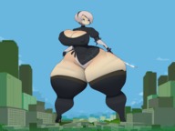 drawing giantess white_hair city cleavage high_heels buildings huge_breasts short_hair outdoors hairband thick_thighs commoddity